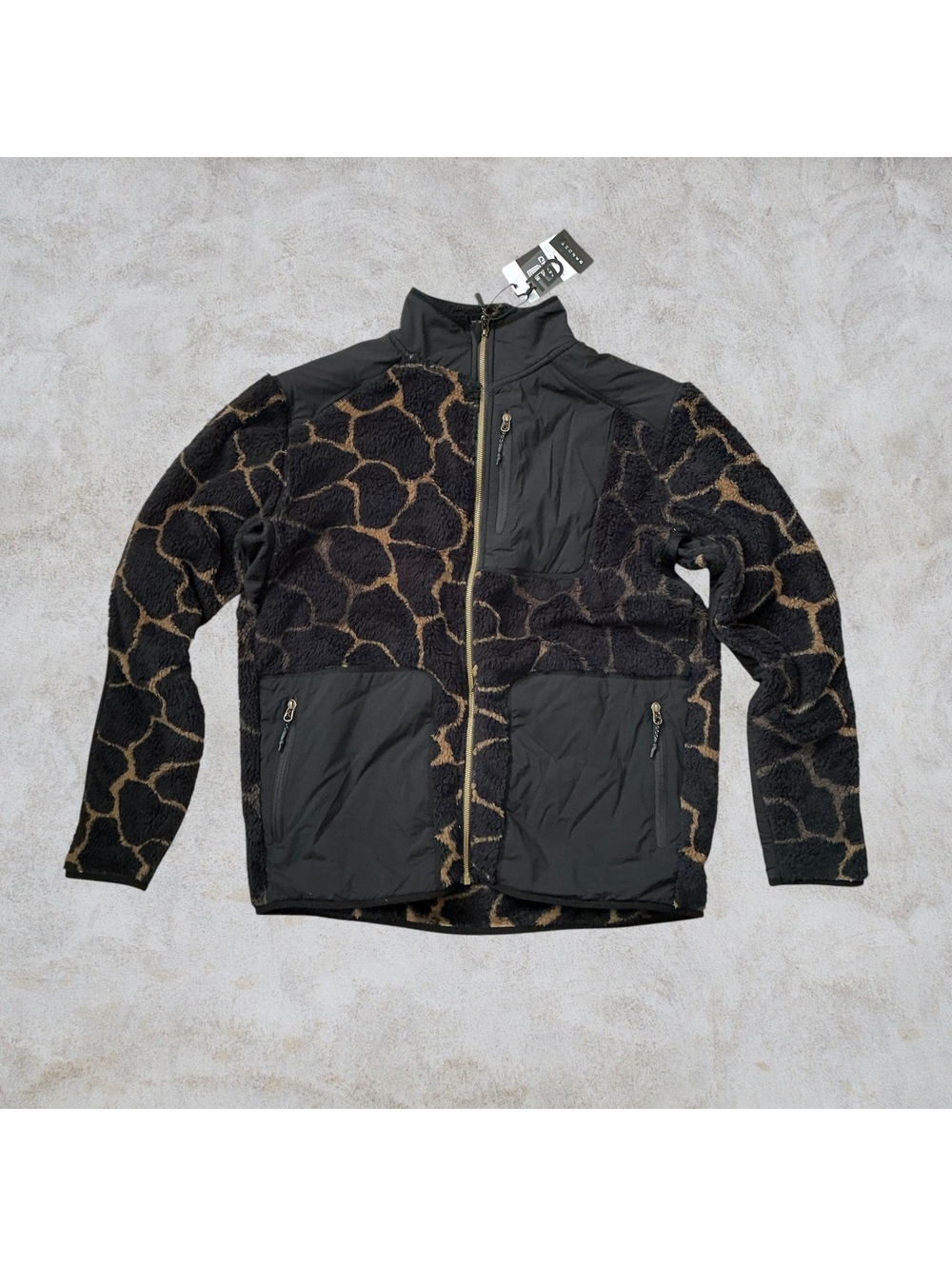 MTHD x TDQ Sherpa Fleece Jacket Jaguar Print Black Brown L NWT
